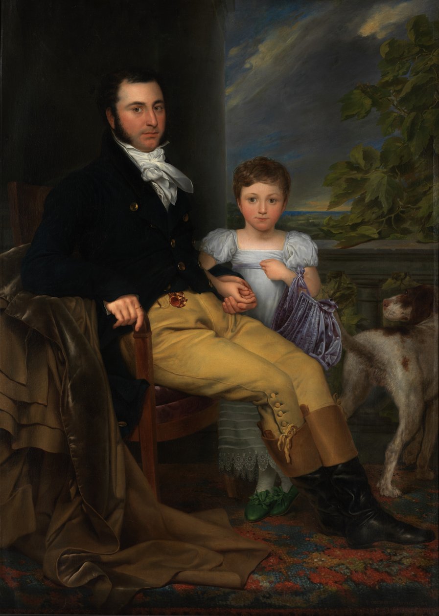 Retrato de um cavalheiro proeminente com a sua filha e um cão de caça (óleo sobre tela) de Joseph Denis Odevaere