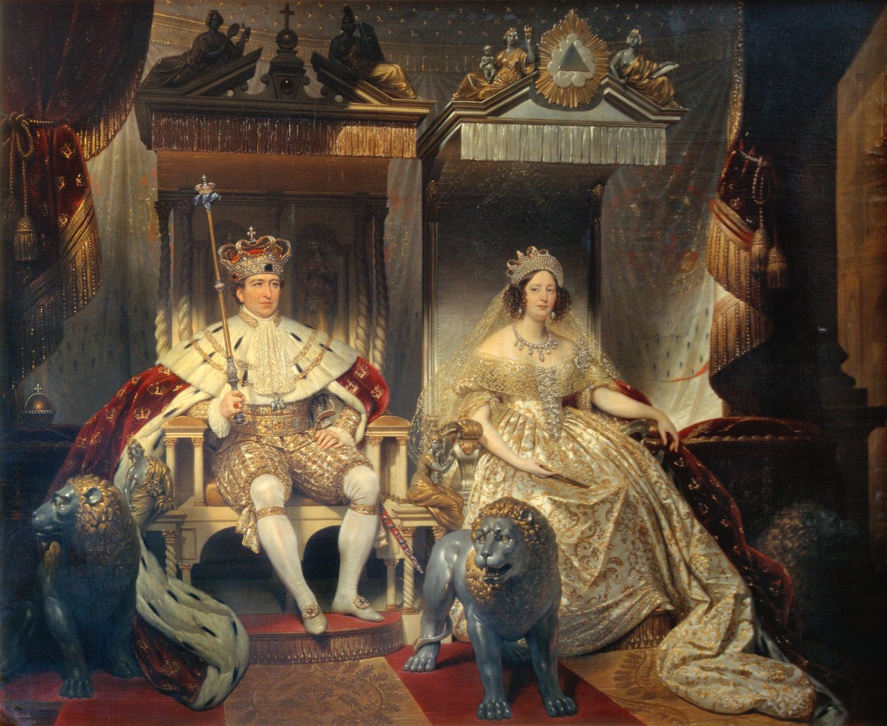 Christian VIII (1786-1848) e Rainha Caroline Amalie (1796-1881) em vestes de coroação de Joseph Desire Court