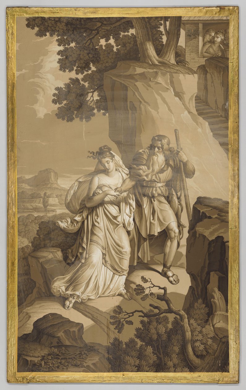 Papel de parede, painel, com representação de Les Amours de Psyche: Psyche em escadas esculpidas em rochas, em tons grisaill de Joseph Dufour