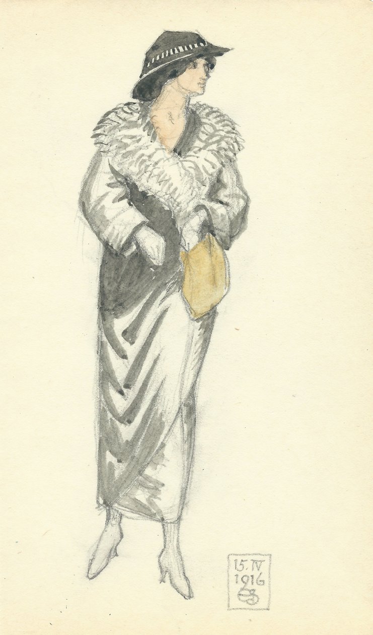 Senhora elegante, 15.IV.1916, 1916 (pena & tinta e wc no papel) de Joseph Edward Southall