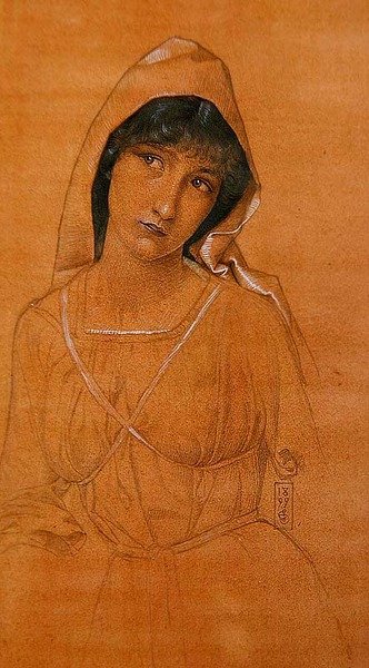 Menina de capa (lápis e aguarela sobre papel) de Joseph Edward Southall