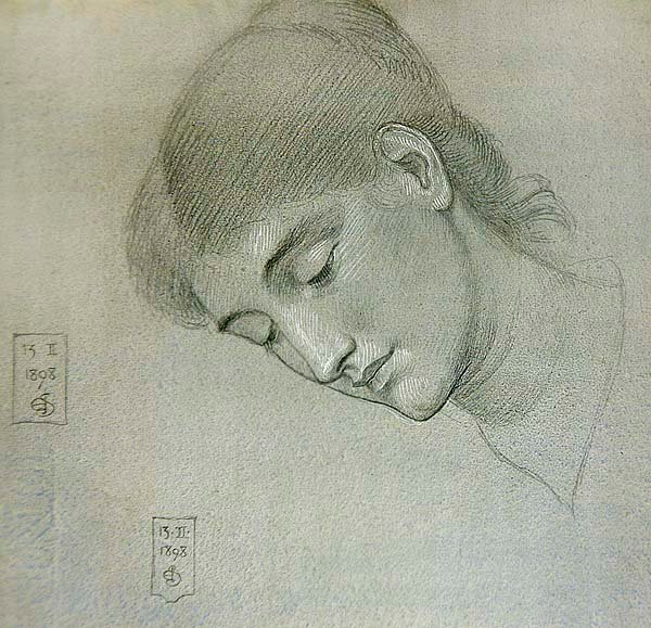 Estudo da cabeça de uma garota olhando para baixo de Joseph Edward Southall