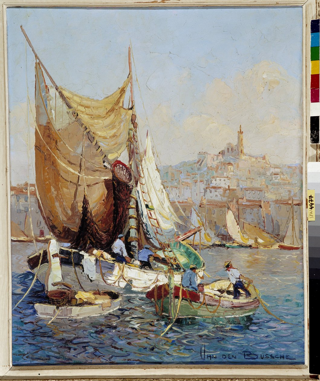 Pecheurs dans la Vieux Port de Marseille Pintura de Fernand Van Den Bussche (1892-1975) Século XX Menção obrigatória: Colecção fundação regards de Provence, Marselha de Joseph Emanuel Van Den Bussche