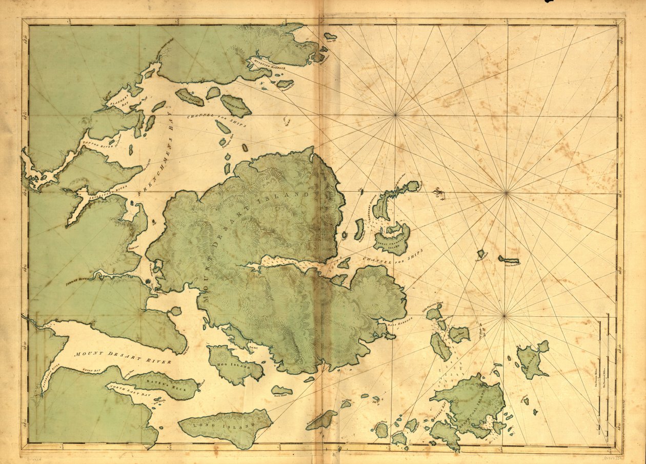 49.000. Relevo mostrado por hachuras. Profundidades indicadas por sondagens. Mostra a costa do condado de Hancock, Maine. Disponível também através do site da Biblioteca do Congresso como uma imagem raster. Cofre AACR2 de Joseph F. W. [Des Barres