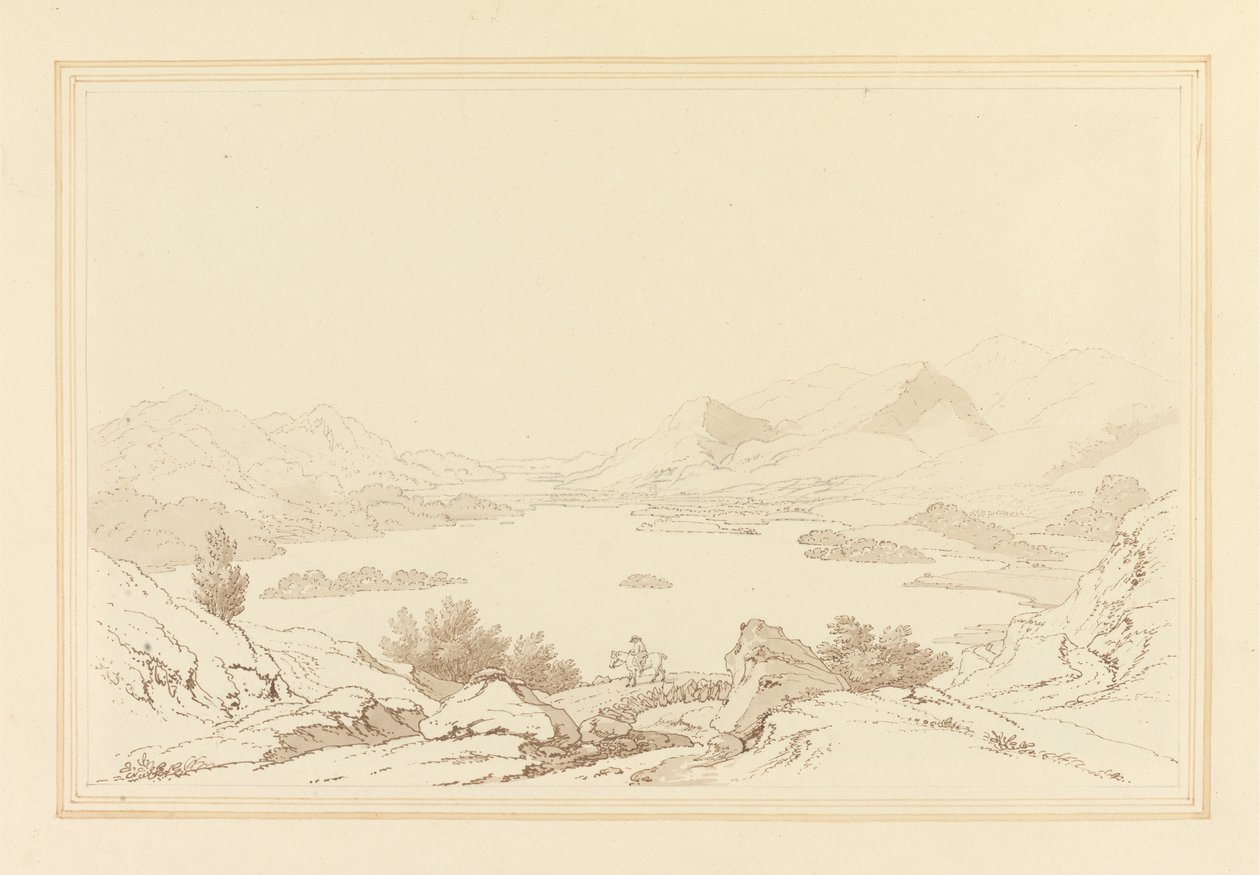Vista Geral do Lago de Derwent Water (caneta e tinta com wc sobre grafite em papel de parede) de Joseph Farington
