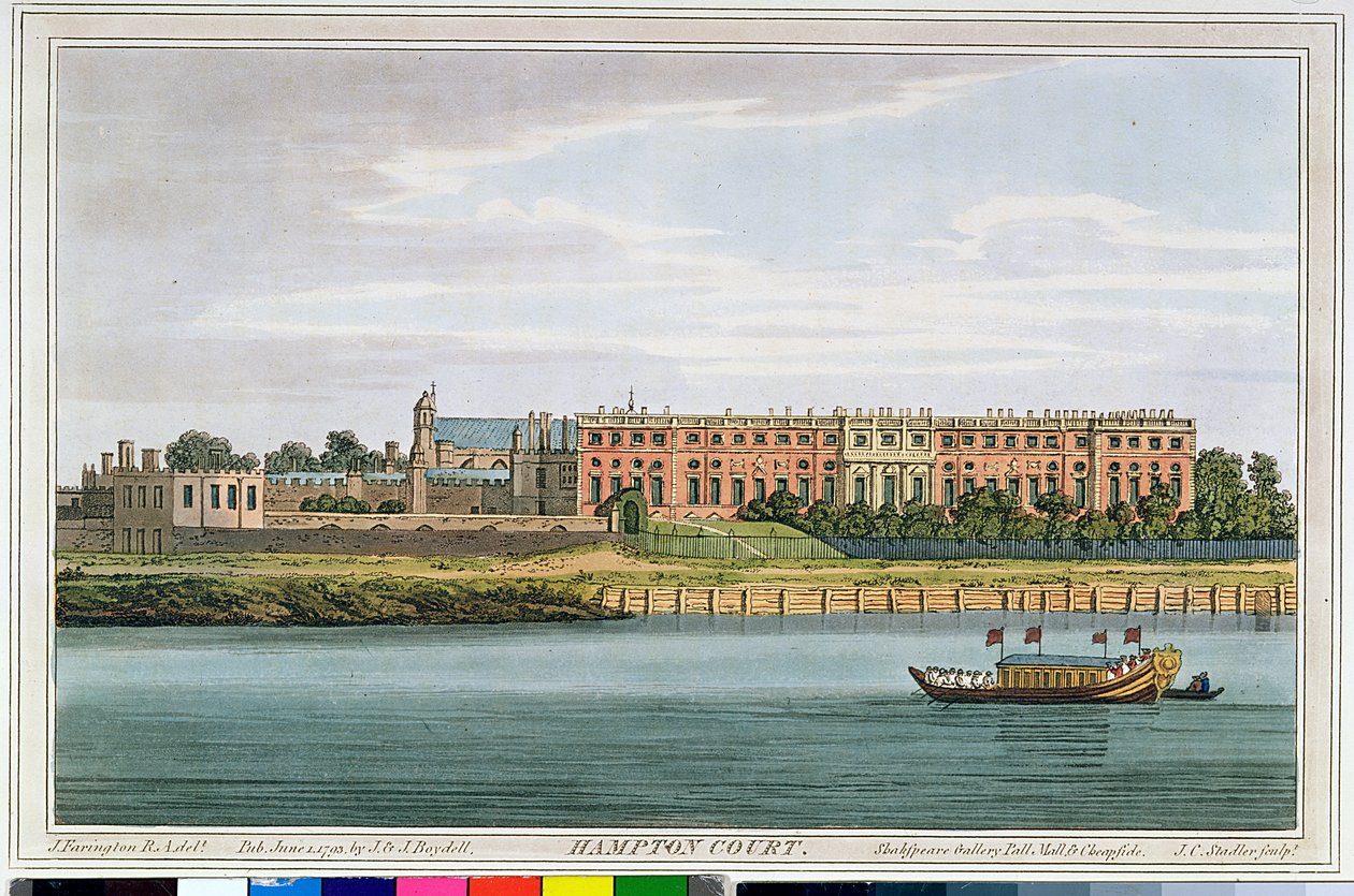Hampton Court, gravado por JC Stadler (fl.1780-1812) da "História do Tamisa", de Havell, de 1793 (gravura a cores) de Joseph Farington