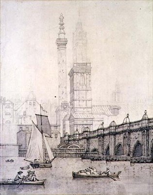 A velha Ponte de Londres e o Monumento de Joseph Farington