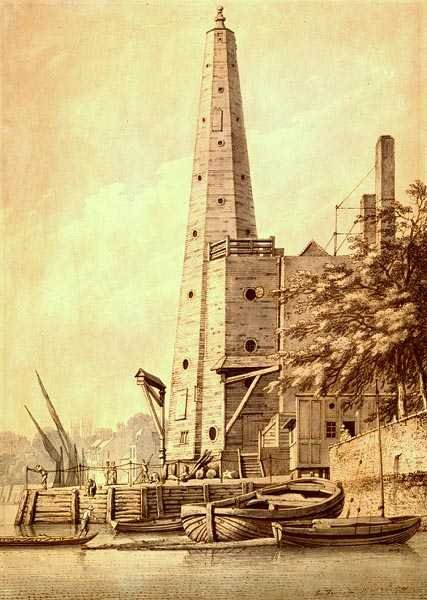 The Old Water Tower at York Buildings, Whitehall, 20 de Maio de 1791 (tinta e lavagem) de Joseph Farington