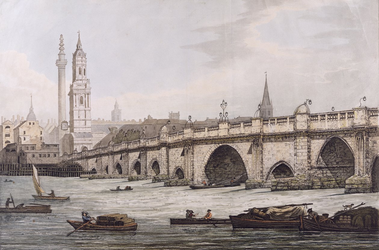 Vista da Ponte de Londres, incluindo a Igreja de St. Magus e The Monument, gravada por JC Stadler de Joseph Farington