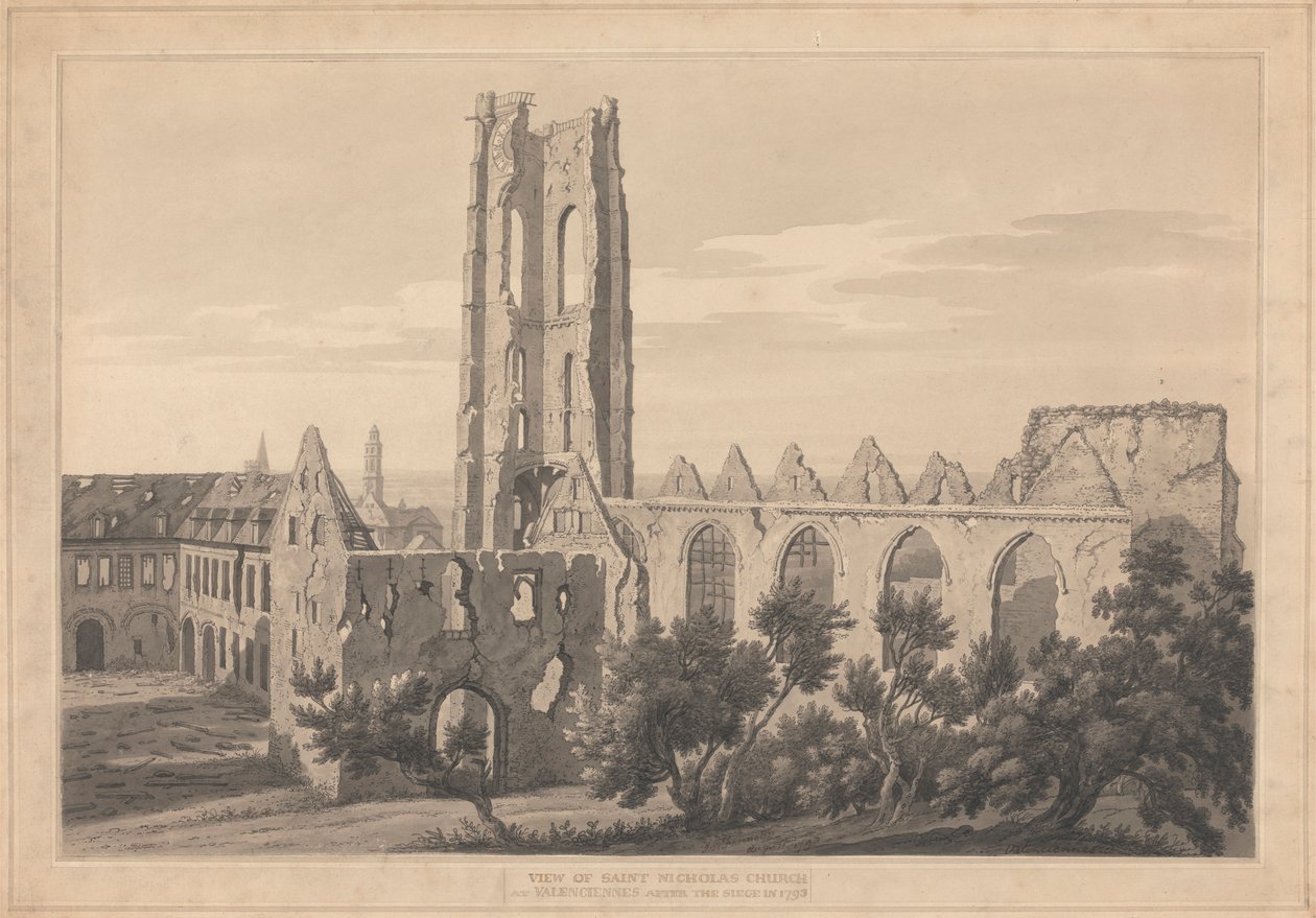 Vista da Igreja de São Nicolau em Valenciennes após o Cerco de Joseph Farington