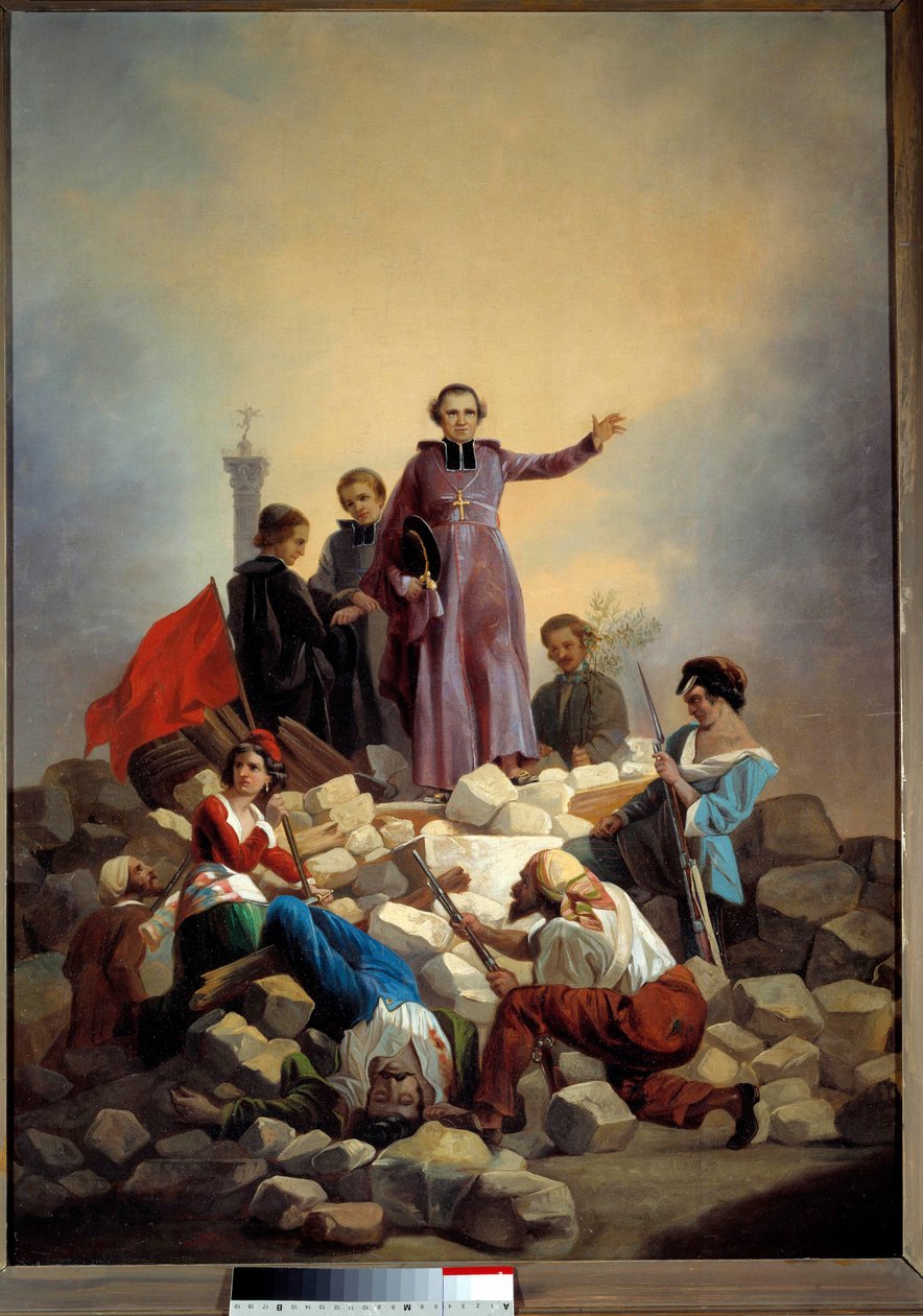 Revolução de 1848: "O Arcebispo Denis Affre (1793-1848) na Barricada Faubourg Saint Anthony 26/06/1848" Pintura de Joseph Felon (1818-1896) 1848 Sol. 0,92x0,67 m. Paris, Musee Carnavalet - Revolução de 1848: "O Arcebispo Monseigneur Denis Af de Joseph Felon