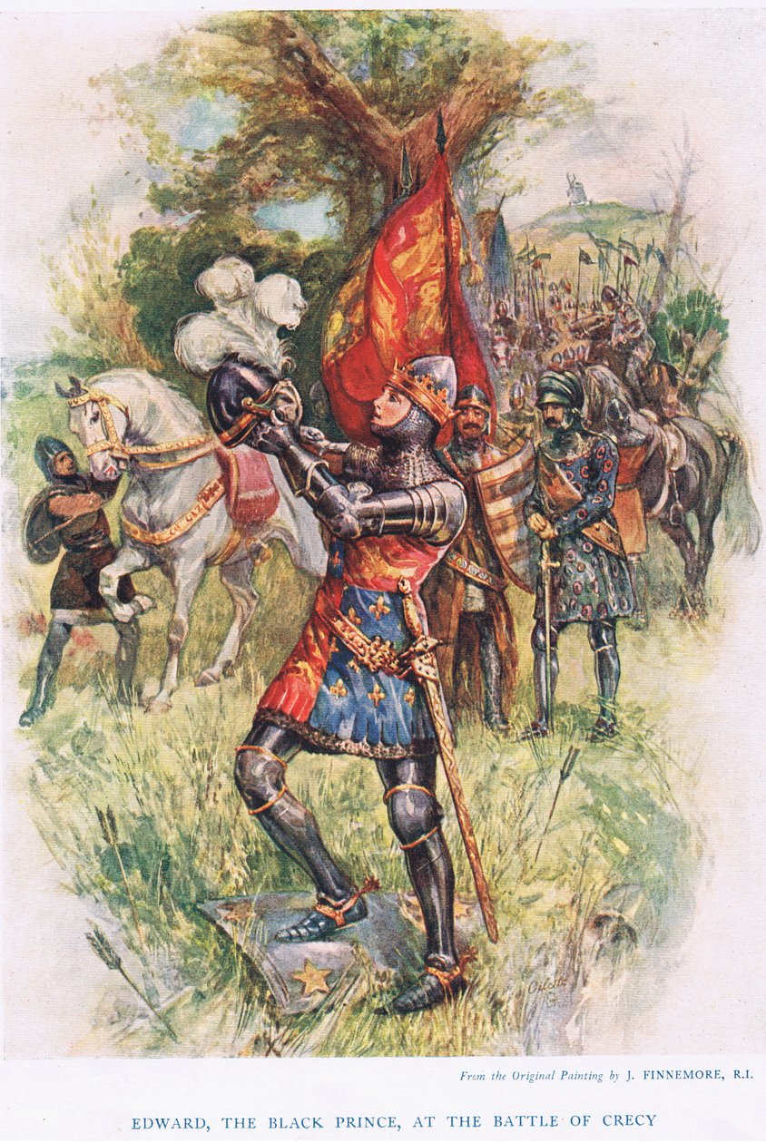 Edward, o príncipe negro na batalha de Crecy, ilustração de &39;Histórias infantis da história inglesa, c.1920 de Joseph Finnemore