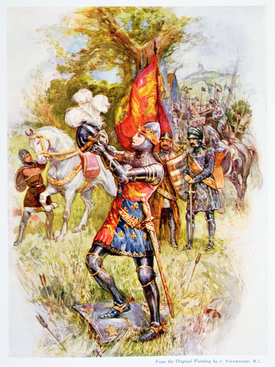 Edward, o Príncipe Negro, na Batalha de Crecy, em 1346, ilustração de "Histórias de Crianças Reais da História Inglesa", de Doris Ashley, publicado por Raphael Tuck, 1920 de Joseph Finnemore