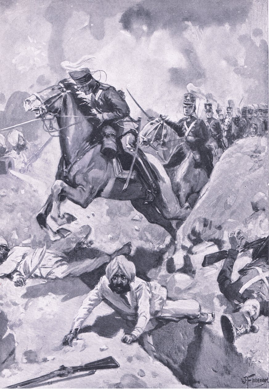 Sobraon: Sir Joseph Thackwell lidera os 3º Dragões de Luz em fila única através de algumas escavações sikhs, ilustração das Batalhas Britânicas em Terra e Mar, 1915 de Joseph Finnemore