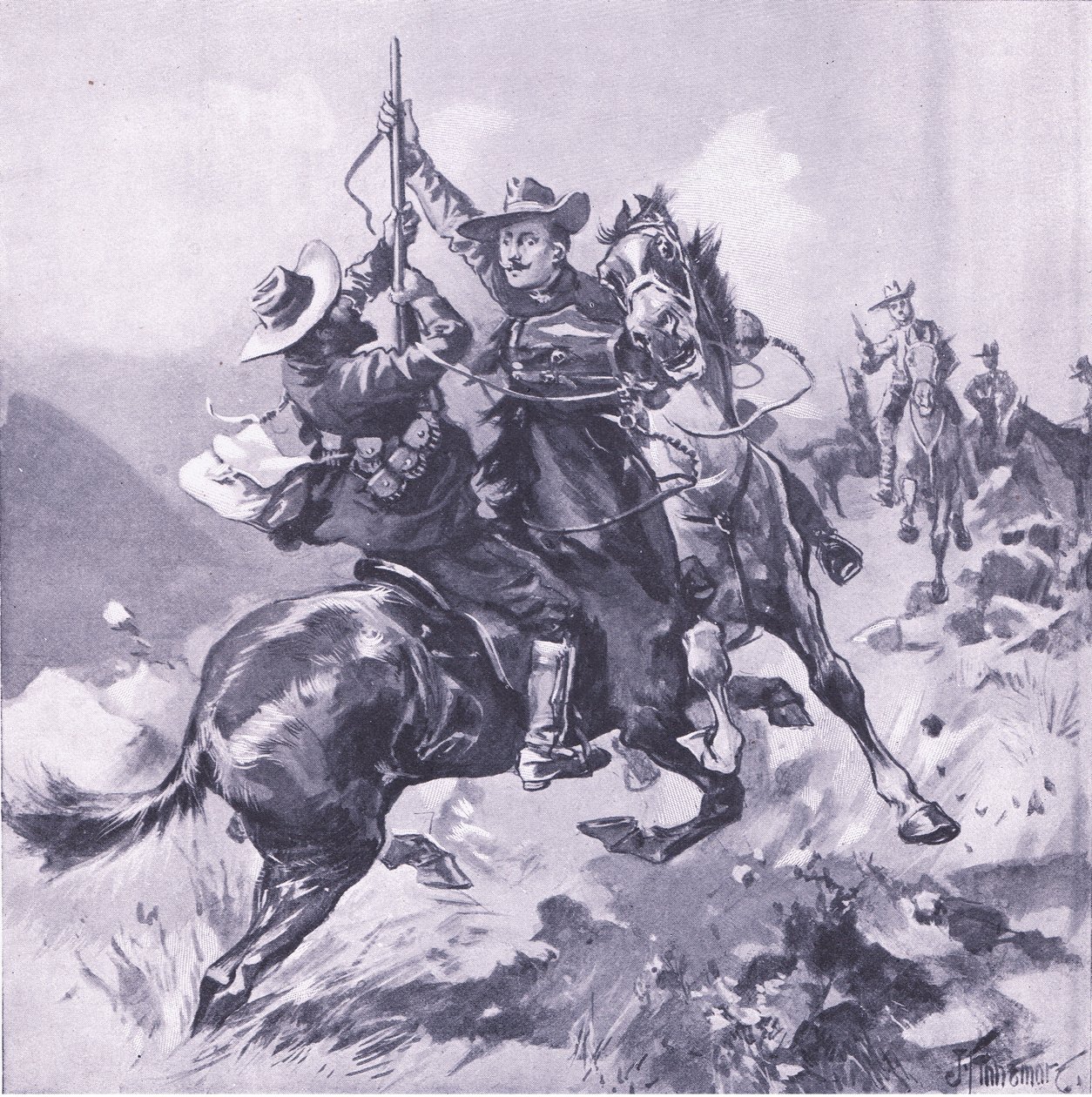 A captura de Field-Cornet Swanepool, ilustração de After Pretoria: The Guerilla War, 1902 de Joseph Finnemore