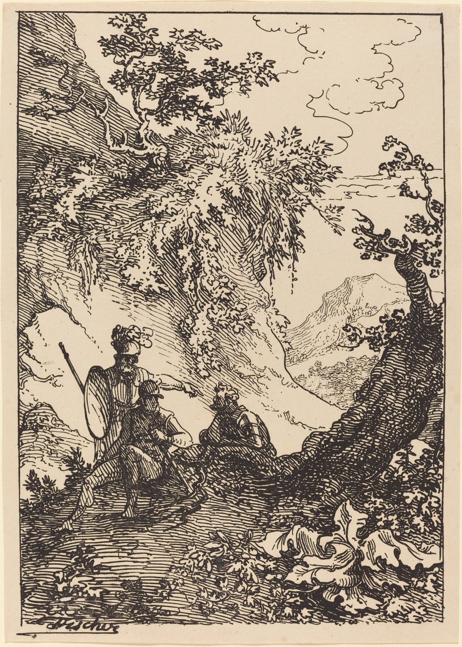 Paisagem com homens de armadura, toco de árvore de Joseph Fischer