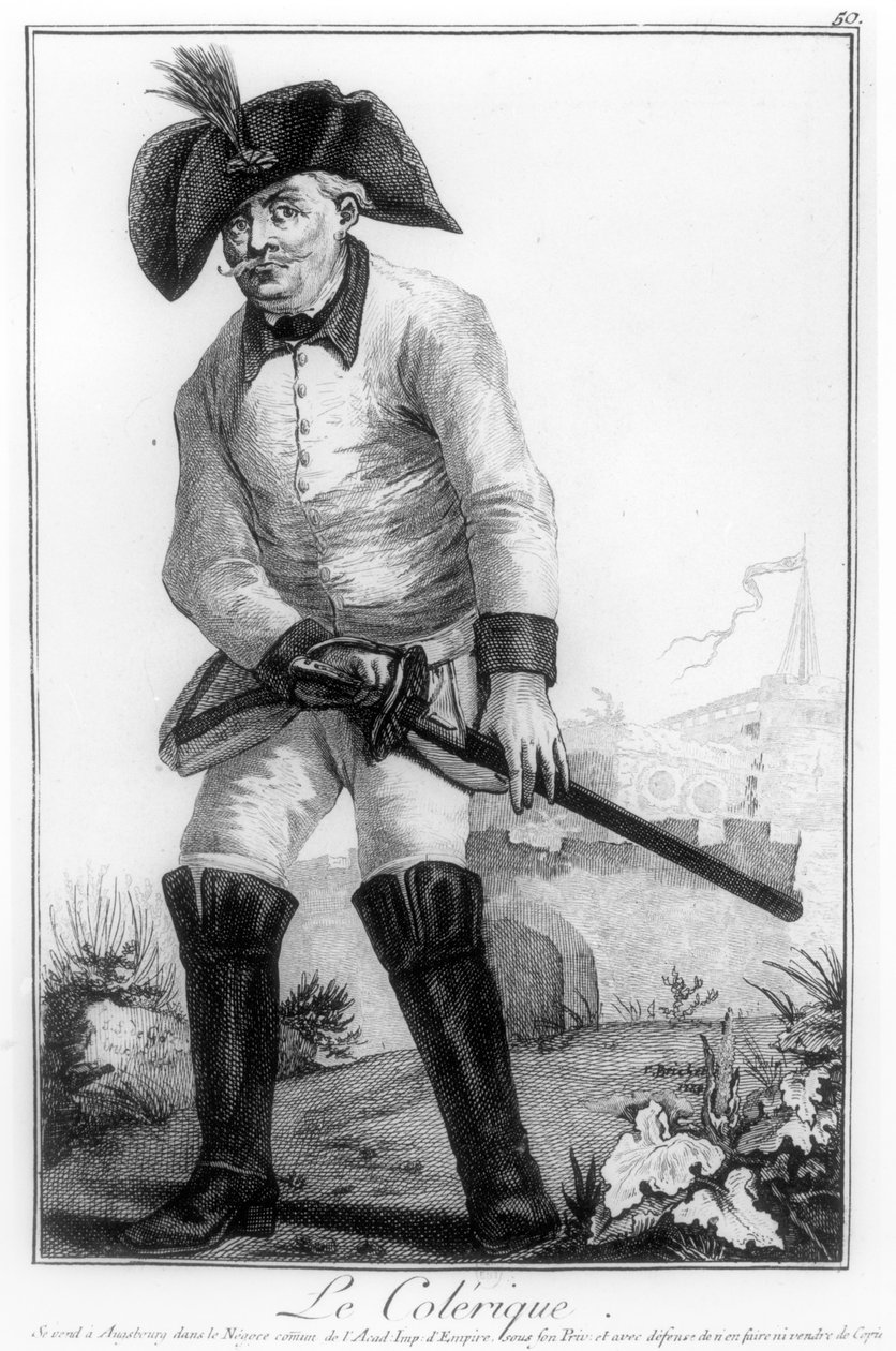 Colérico, de "Exercícios de imaginação de personagens diferentes e formas humanas", gravado por R. Brichet, publicado em Augsburg, 1783-84 de Joseph Franz von Goez