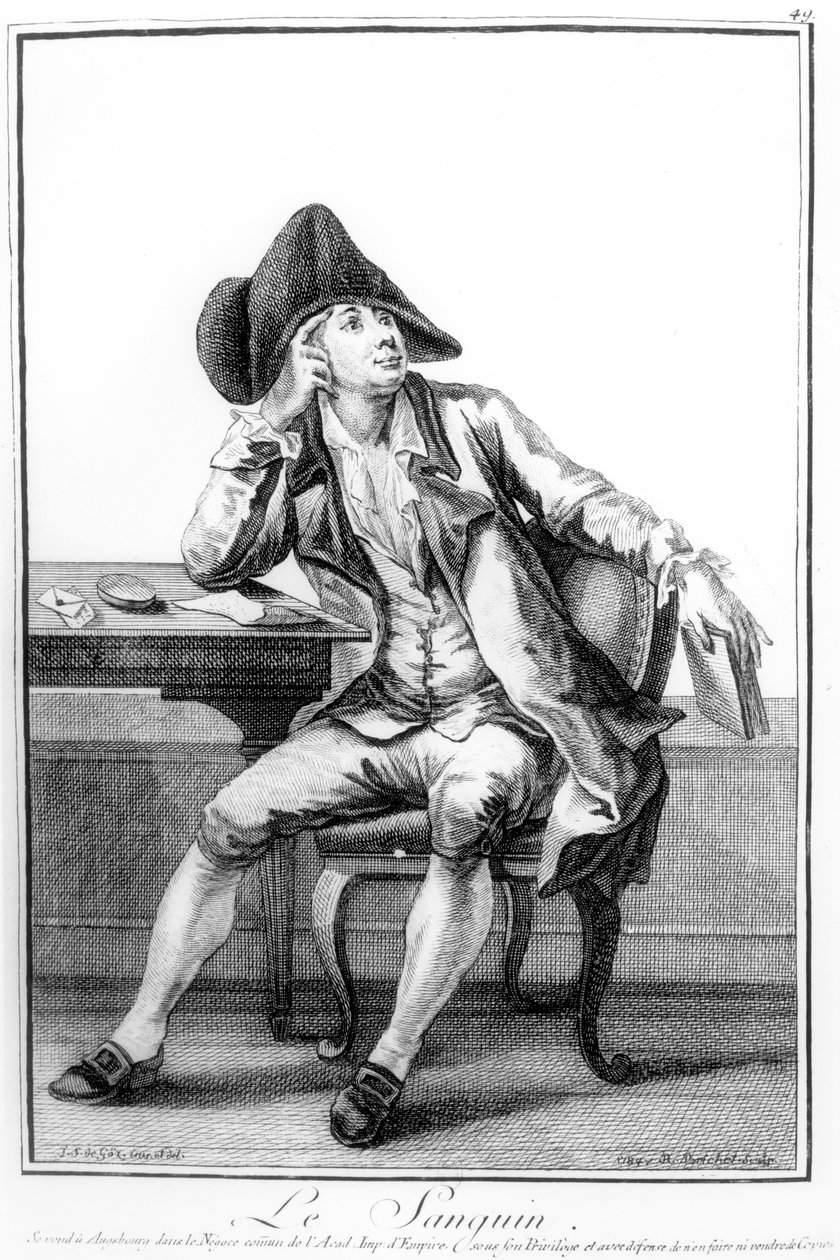 Sanguíneo, de "Exercícios de imaginação de personagens diferentes e formas humanas", gravado por R. Brichet, publicado em Augsburg, 1783-84 de Joseph Franz von Goez