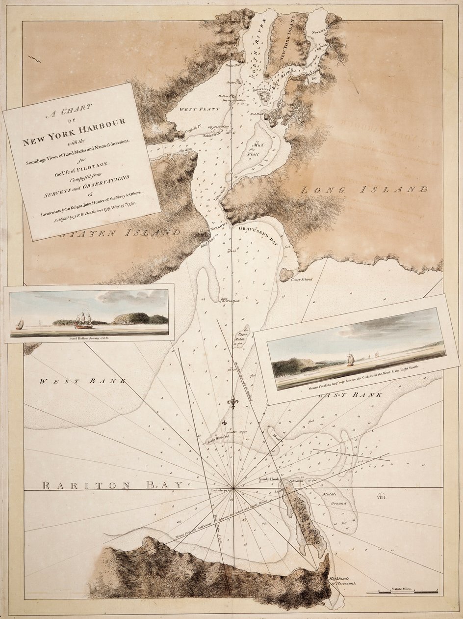 Uma carta do porto de Nova Iorque com as sondagens, vistas dos marcos terrestres e direcções náuticas para uso da pilotagem. Composta a partir de levantamentos e observações dos Tenentes John Knight, John Hunter da Marinha e outros. de Joseph Frederick Wallet DesBarres