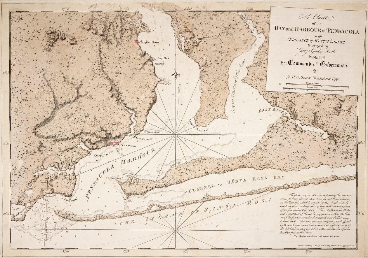 Carta da baía e do porto de Pensacola, na província da Florida Ocidental de Joseph Frederick Wallet DesBarres