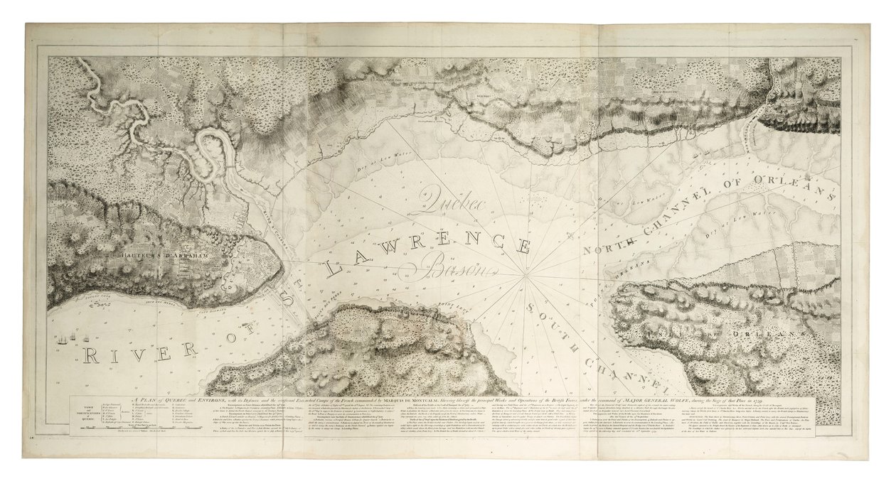 Um plano do Quebeque e arredores com as suas defesas, c.1781 (gravura a cores) de Joseph Frederick Wallet DesBarres