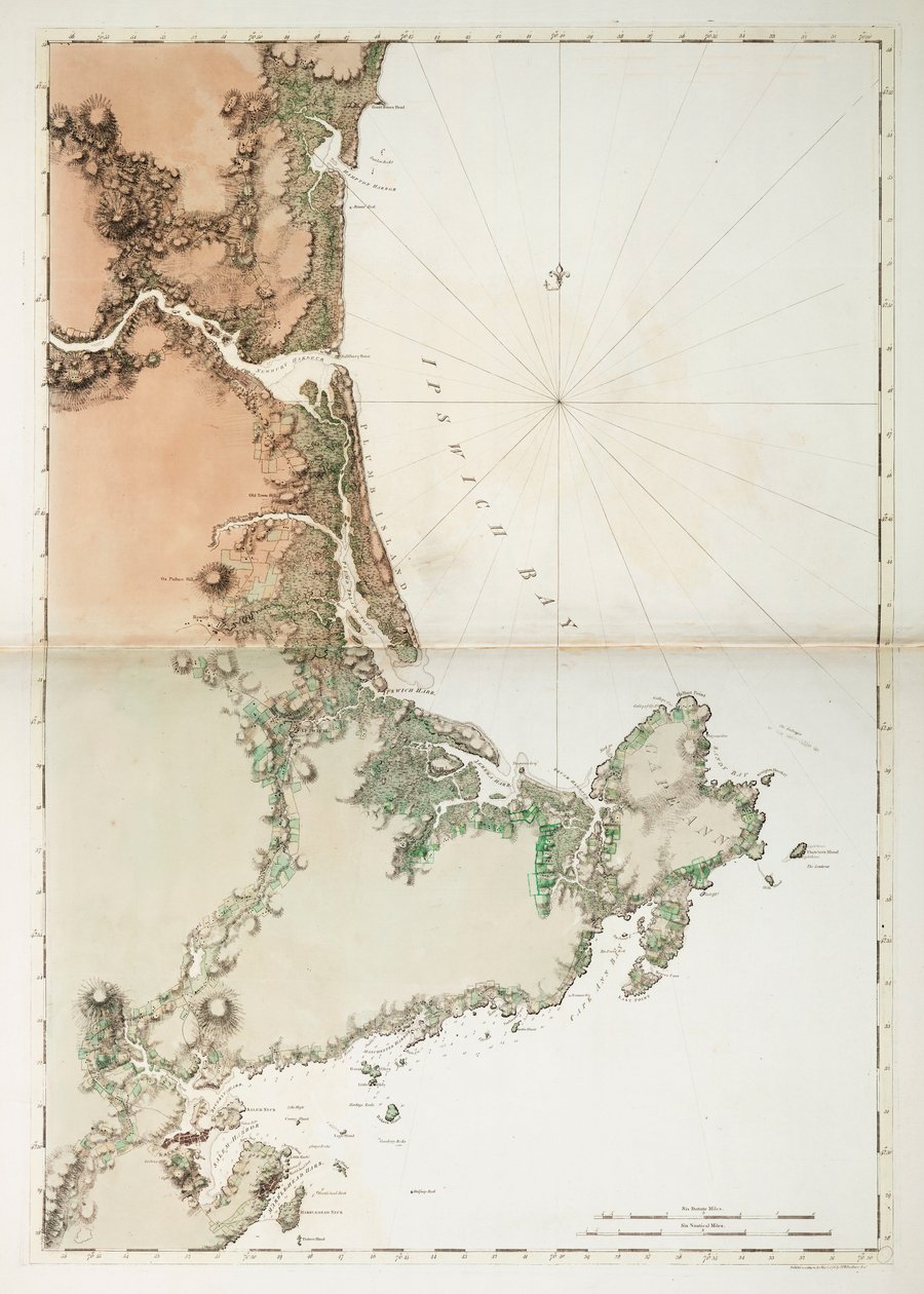 Carta da Baía de Ipswich e do Cabo Ann, costa atlântica da América do Norte de Joseph Frederick Wallet DesBarres