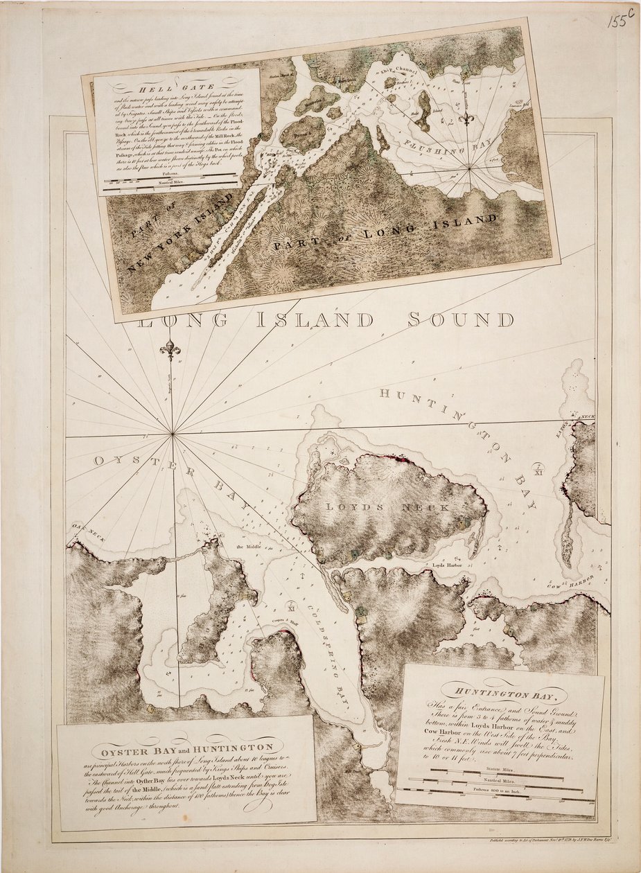 Carta de Oyster Bay e Huntington Bay, Long Island Sound de Joseph Frederick Wallet DesBarres