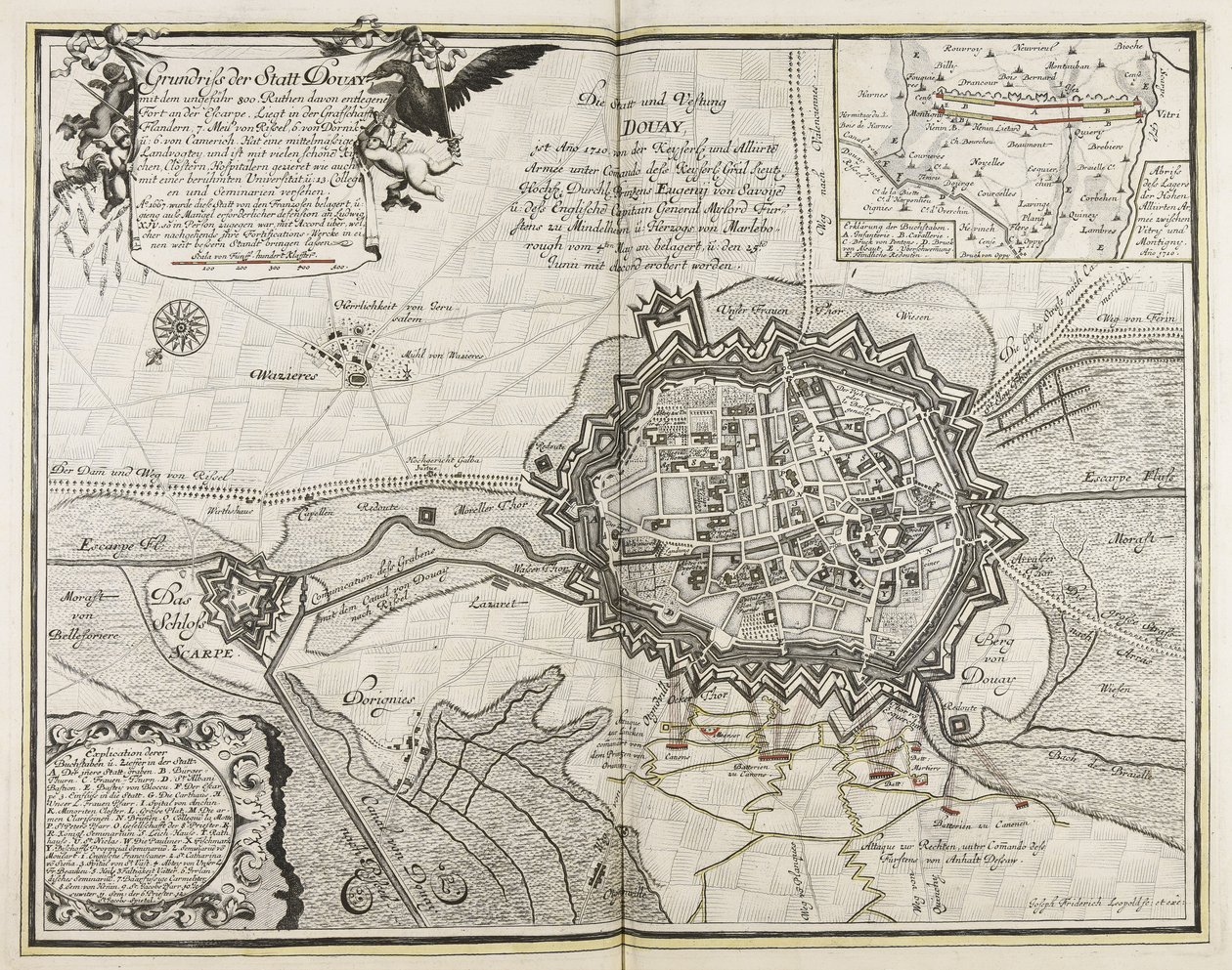 Esboço da cidade de Douay com o forte de Escarpe, a cerca de 800 m de distância, situada no condado de Flandres, a 7 milhas de Rissel, 6 de Dornik e 6 de Camerich, tem um bailiado medíocre e é pontilhada por muitas igrejas bonitas, cl de Joseph Friedrich Leopold