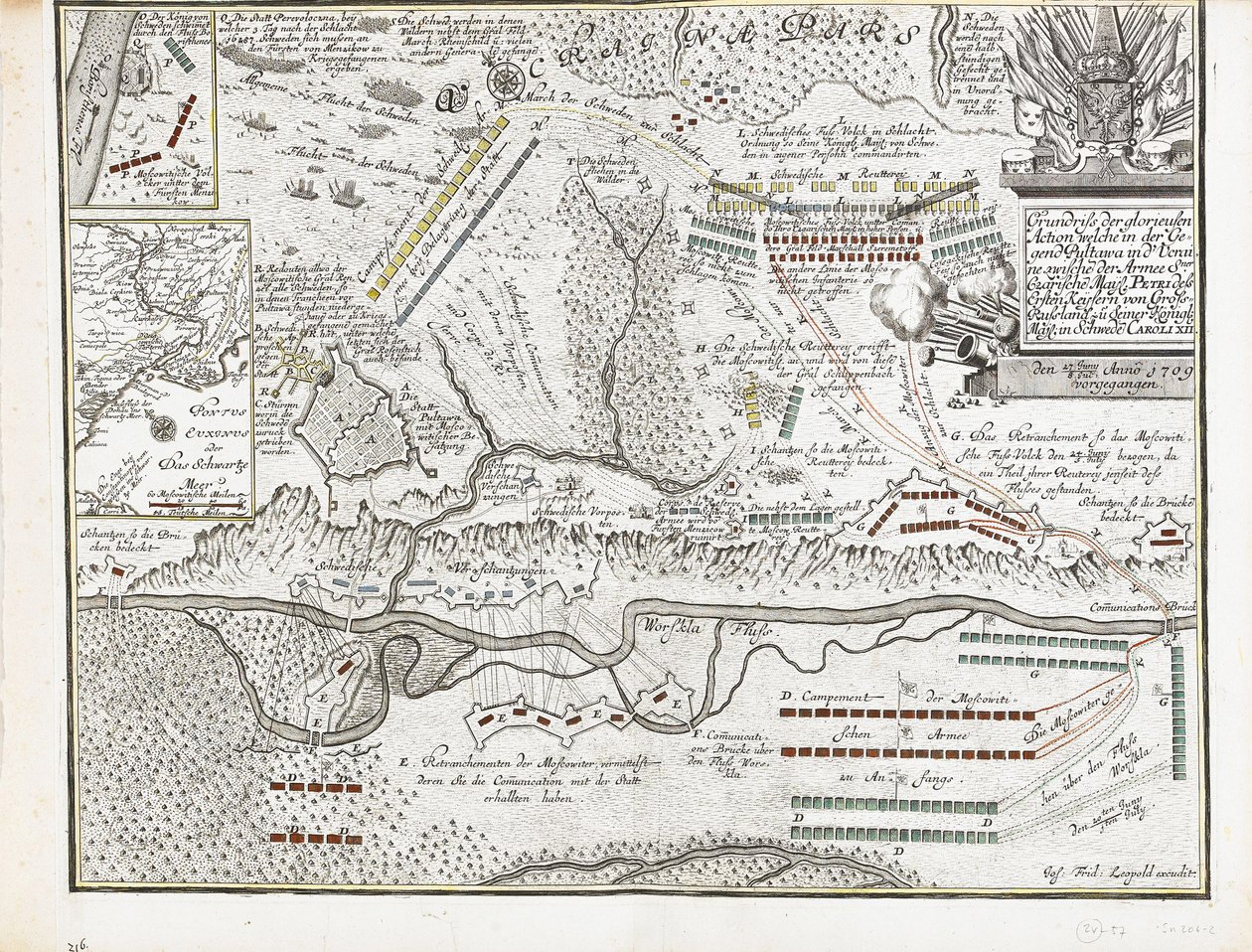 Mapa da Batalha de Poltava em 27 de junho de 1709 de Joseph Friedrich Leopold