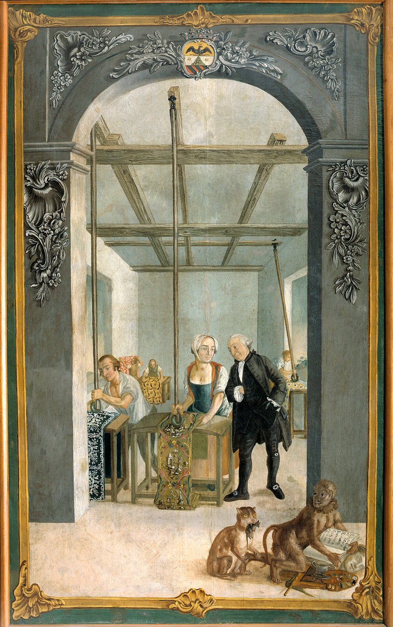Fábrica de Tecidos Indianos Wetter Brothers: Trabalhadores passando pela grelha de telas estampadas Pintura de Joseph Gabriel Rossetti (século XVIII). 1764 Orange, Musee Municipal de Joseph Gabriel Rossetti