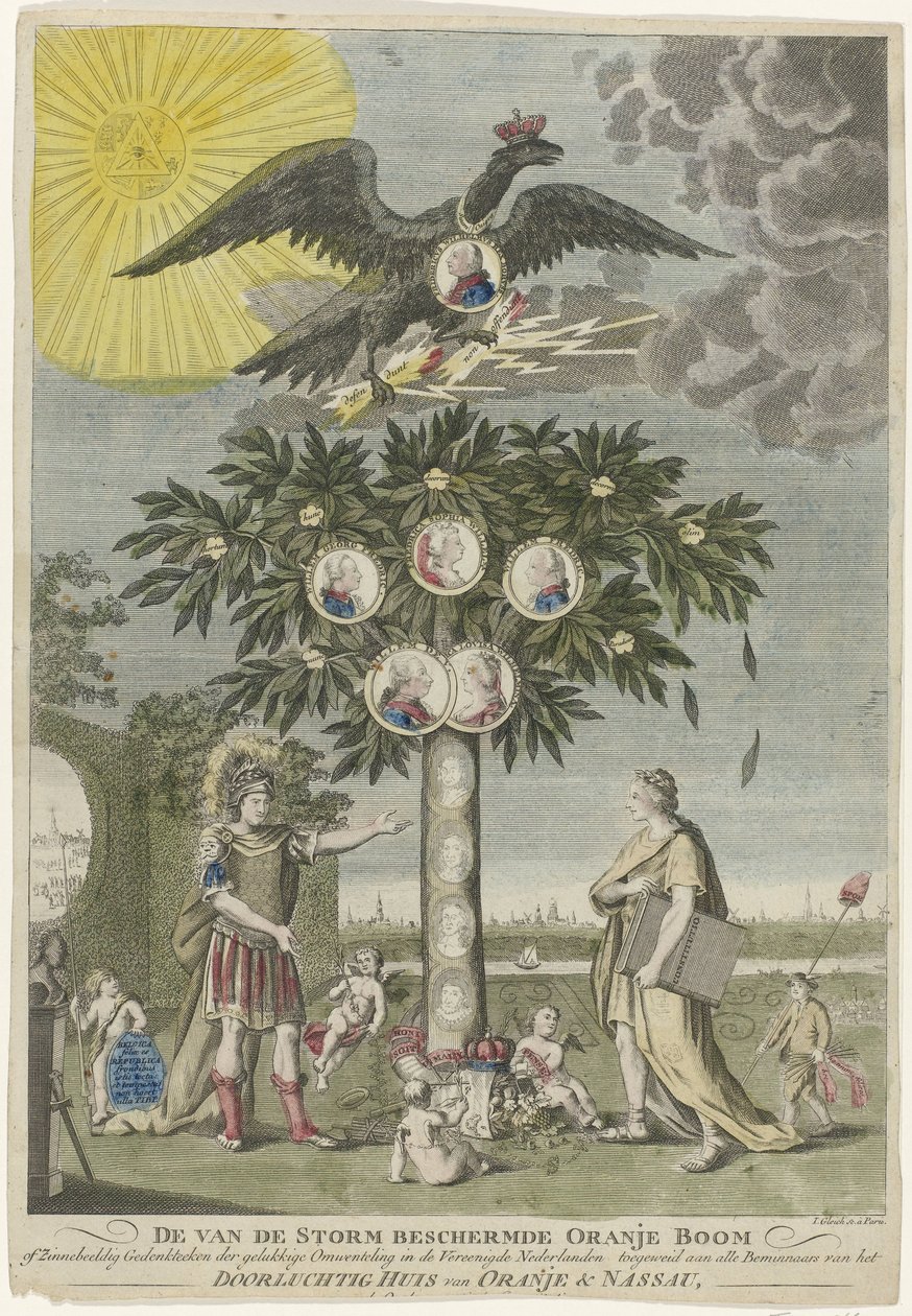 Alegoria da restauração do Stadholder William V (cópia), 1787
A Laranjeira protegida da Tempestade ou Memorial Simbólico da Feliz Revolução nos Países Baixos Unidos dedicada a todos os amantes da augusta Casa da Laranja & N de Joseph Gleich