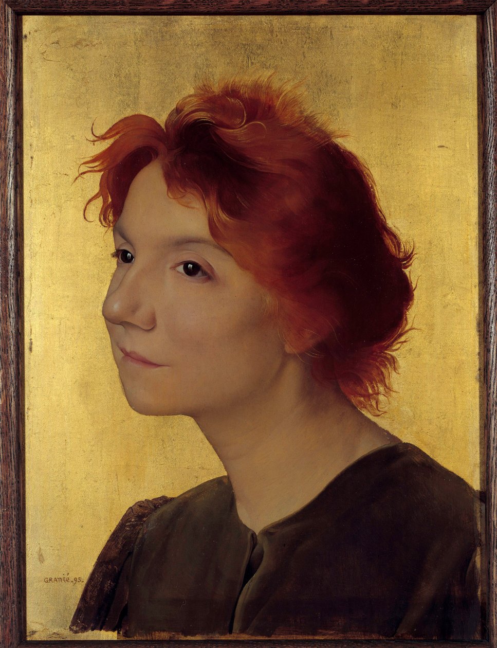 Retrato da cantora Yvette Guilbert (1867-1944). Retrato de uma mulher de cabelo ruivo sobre um fundo dourado. Pintura de Joseph Granie (1861-1915) 1895 Sol. 0,41x0,31 m Paris, musee d