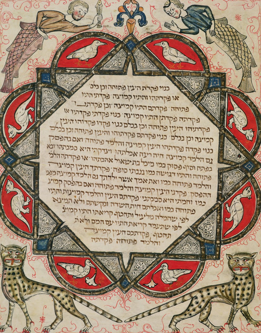 Página de uma Bíblia hebraica retratando peixes com cabeças de humanos e gatos selvagens, 1299 de Joseph Ha Zarefati