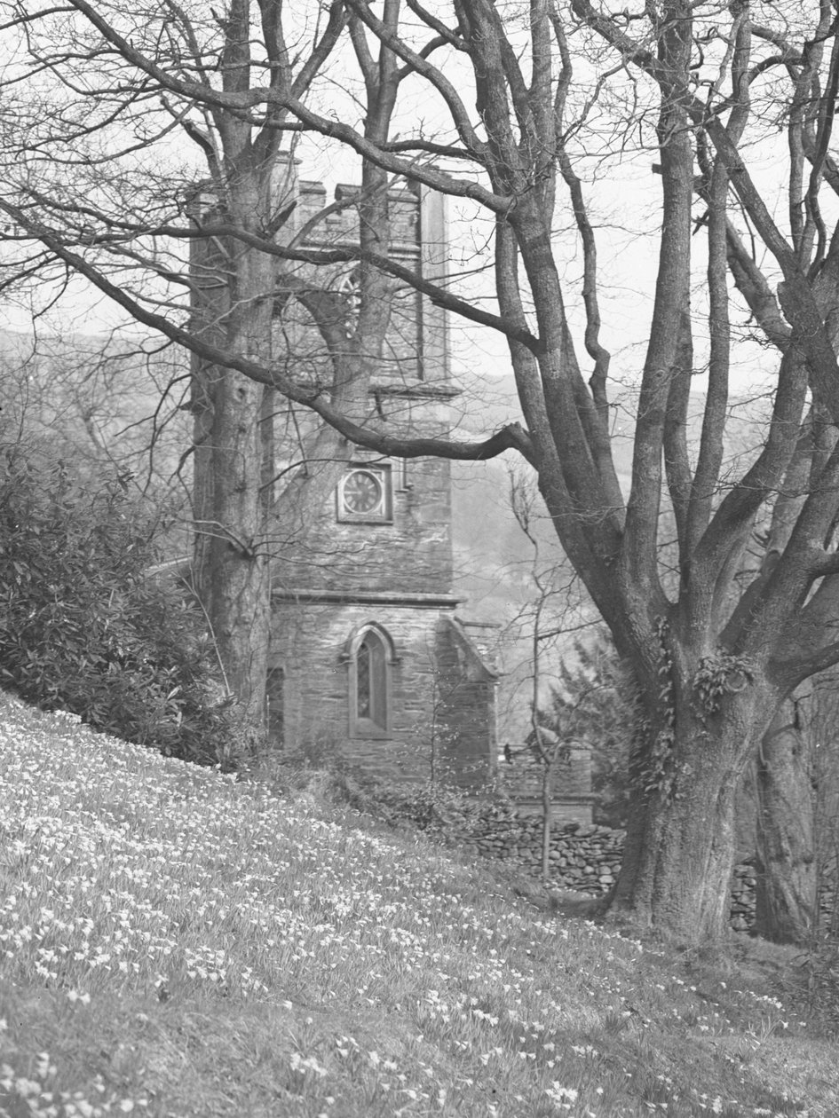 Vista de uma igreja; arquitetura; religiosa; eclesiástica; torre através de árvores de Joseph Hardman