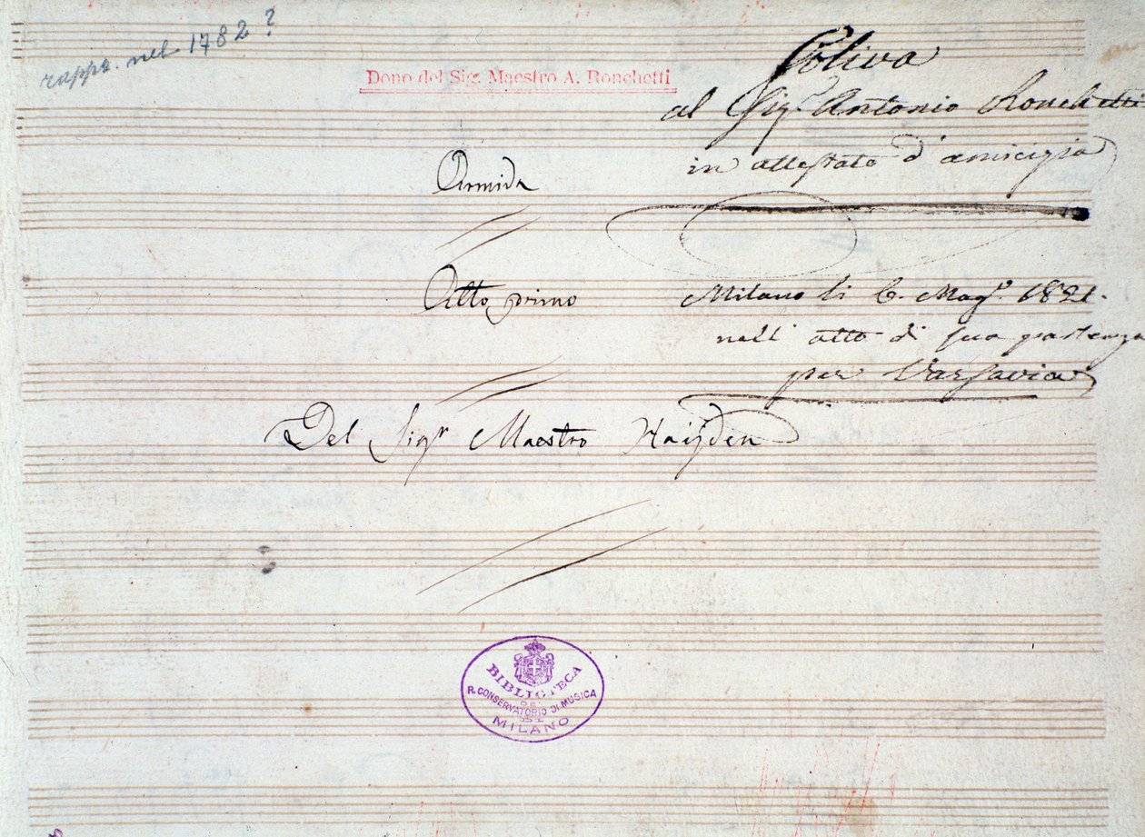 Primeira página de partitura de minueto em Armida por J Haydn (1821) de Joseph Haydn