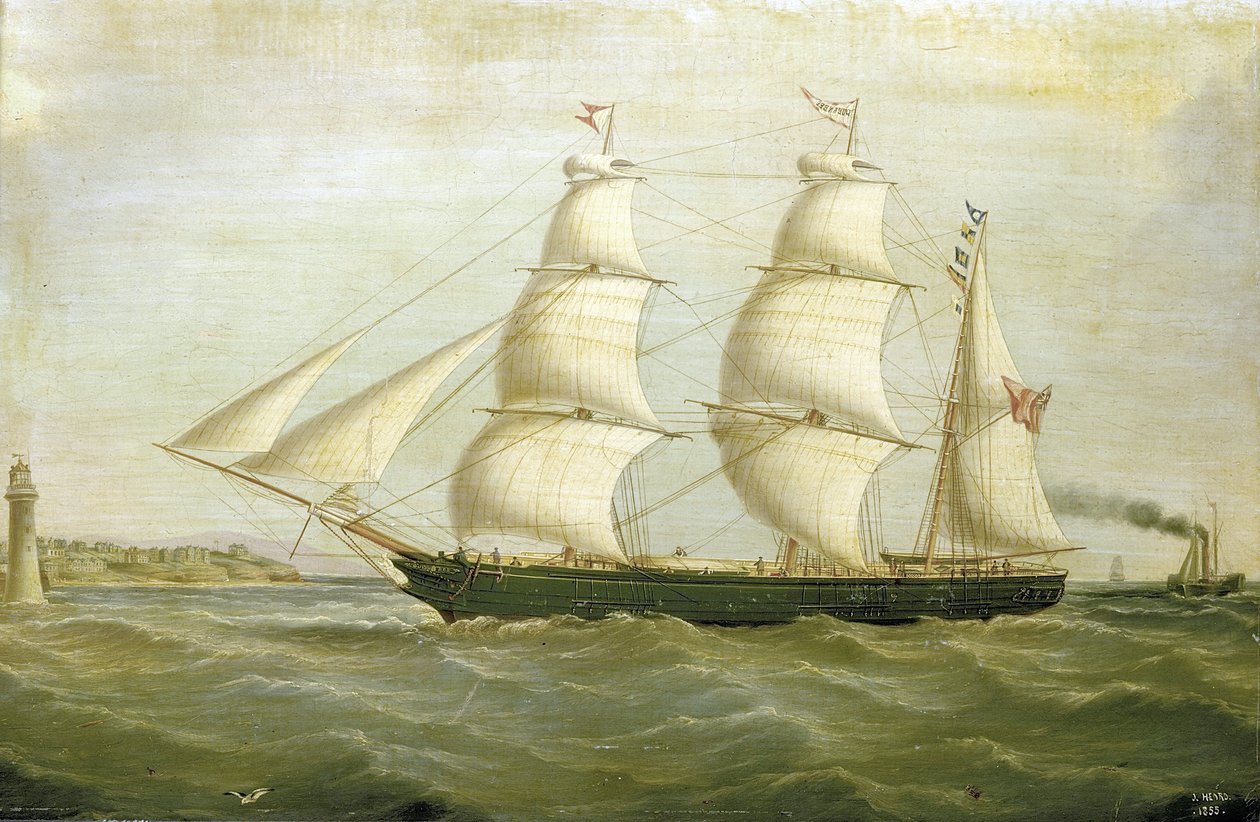 O veleiro "Queen Bee" (construído em 1852), com um farol de um lado construído com casas. Pintura a óleo de Joseph Heard