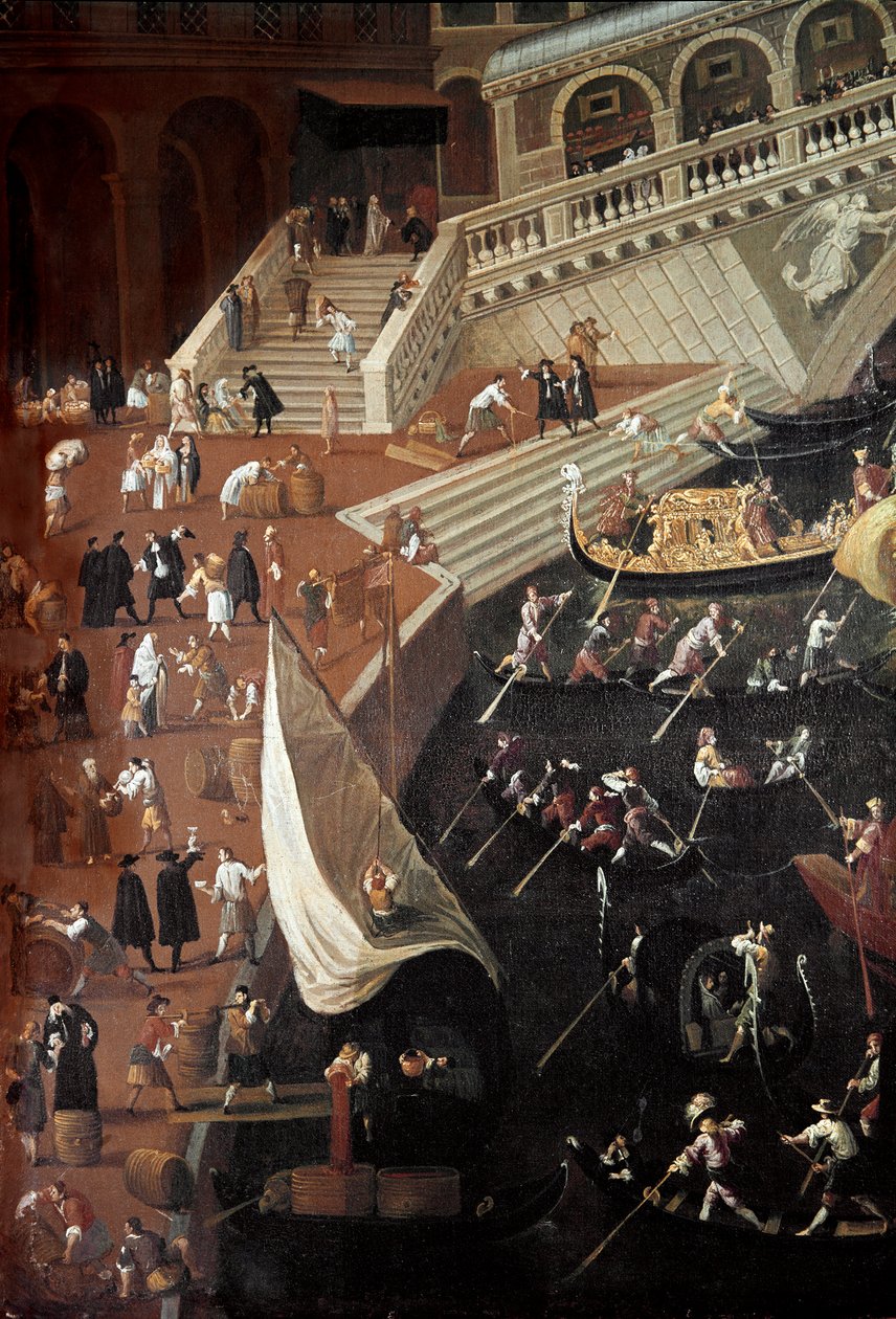 Regate na Ponte di Rialto em Veneza, detalhe das docas (Pintura de Joseph Heintz