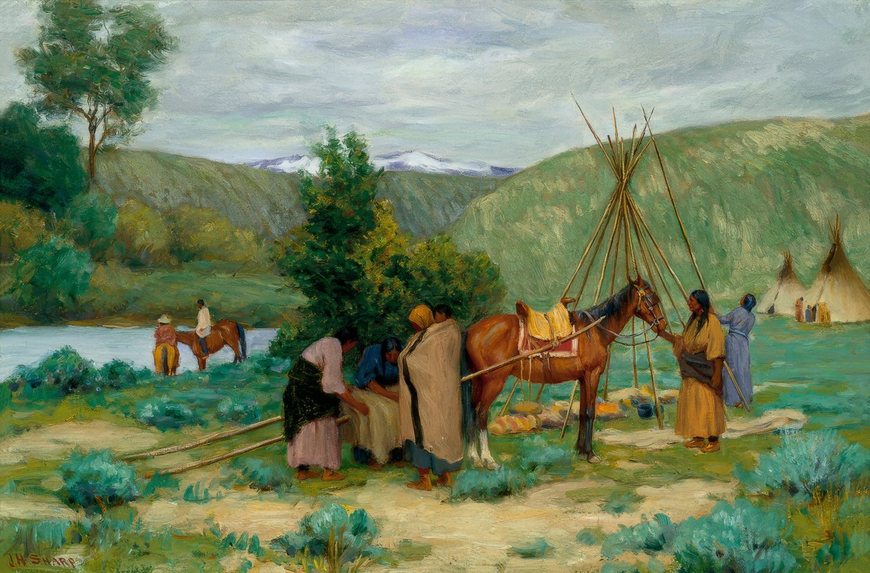Montagem do acampamento, Little Big Horn, Montana de Joseph Henry Sharp