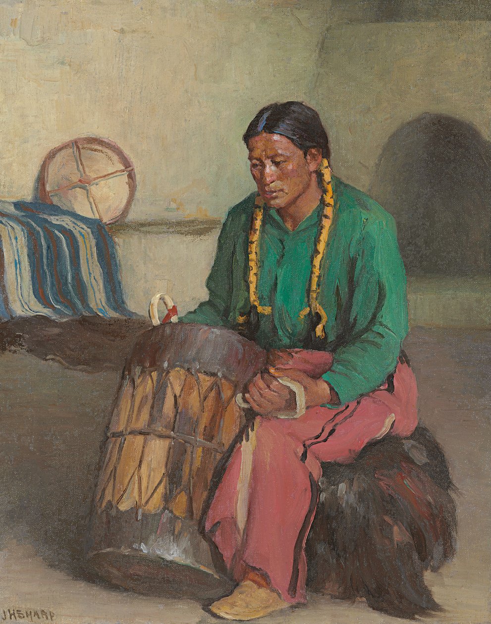 Tambor Cerimonial de Taos (óleo sobre tela) de Joseph Henry Sharp