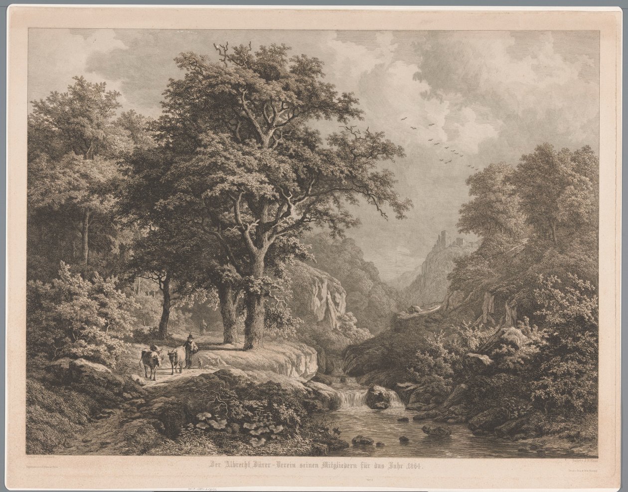 Paisagem montanhosa com uma cachoeira no meio, à esquerda um menino com três vacas e um cachorro de Joseph Hubert Blees