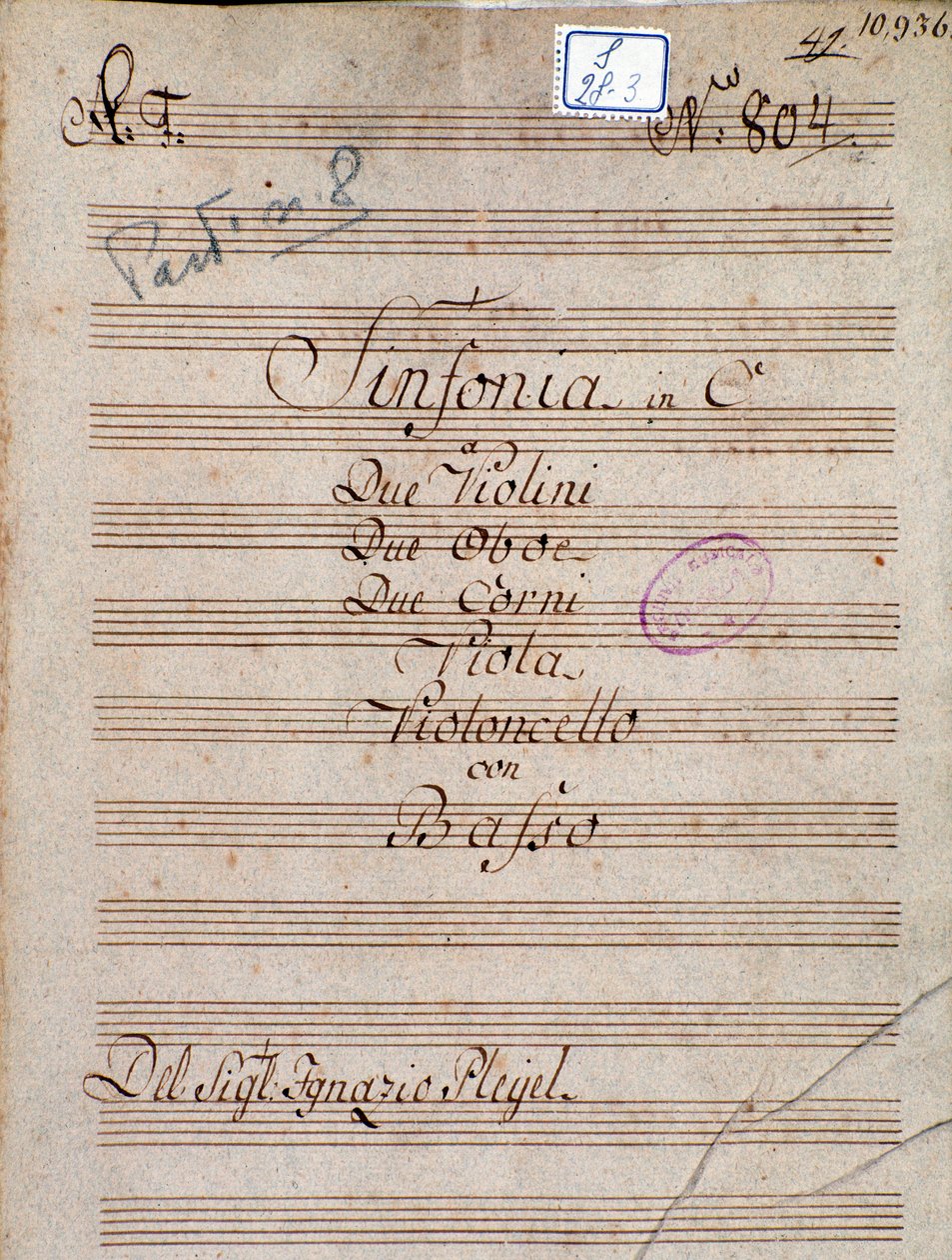 Primeira página da partitura musical da Sinfonia em C de Pleyel de Joseph Ignace Pleyel