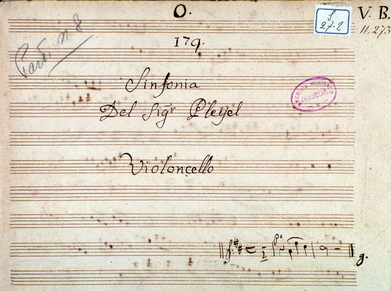 Primeira página da partitura de uma Sinfonia em Ré maior de Pleyel de Joseph Ignace Pleyel