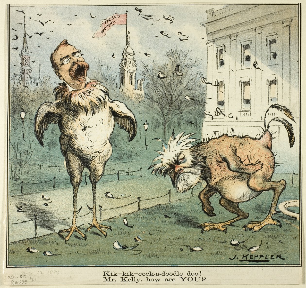 Kik-kik-cock-a-doodle doo! Sr. Kelly, como está, do Puck de Joseph Keppler
