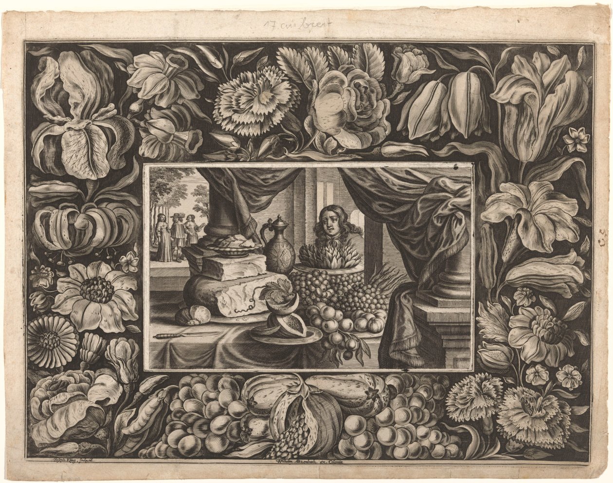 Ainda vida de queijo e frutas com uma borda de ornamento de Joseph Kling