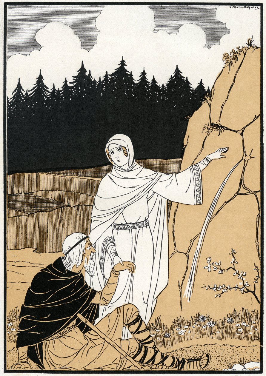 La legende de Sainte Odile (Odile de Hohenbourg, ca. 662- ca. 720) arrancando uma mola da rocha - Ilustração de Joseph Kuhn Regnier (Kuhn-Regnier) (1873-1940) para "Legendes et contes d