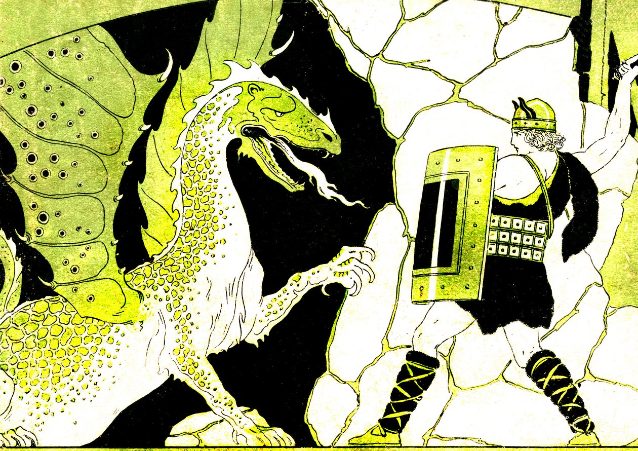 Siegfried está a lutar contra o Dragão. Lenda dos Nibelungos. Ilustração de Joseph Kuhn Regnier (Kuhn-Regnier) (1873-1940) para "Epopees et legendes d