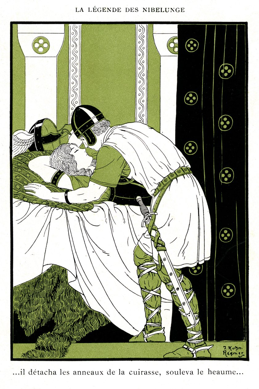 Lenda de Nibelunge: Siegfried abraça o Walkyrie Brunnhilde (cromolitografia) de Joseph Kuhn Regnier