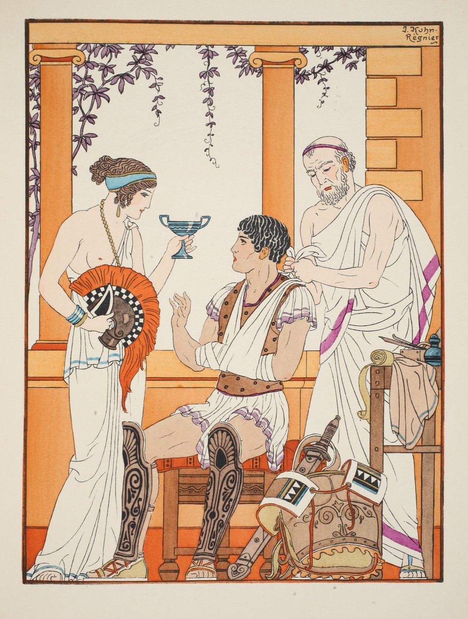 Soldado ferido com o braço em uma tipóia, ilustração de &39;The Works of Hippocrates&39;, 1934 de Joseph Kuhn Regnier