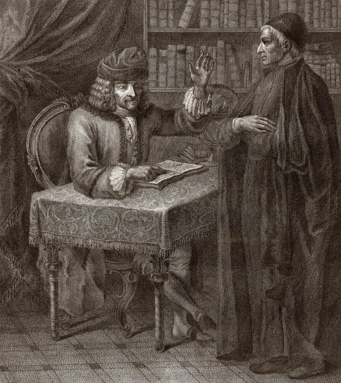 Voltaire e os religiosos - VOLTIER, François-Marie Arouet - com um clero. Voltaire e um sacerdote (Religião) - Gravura de Joseph Lante - 1764 de Joseph Lante