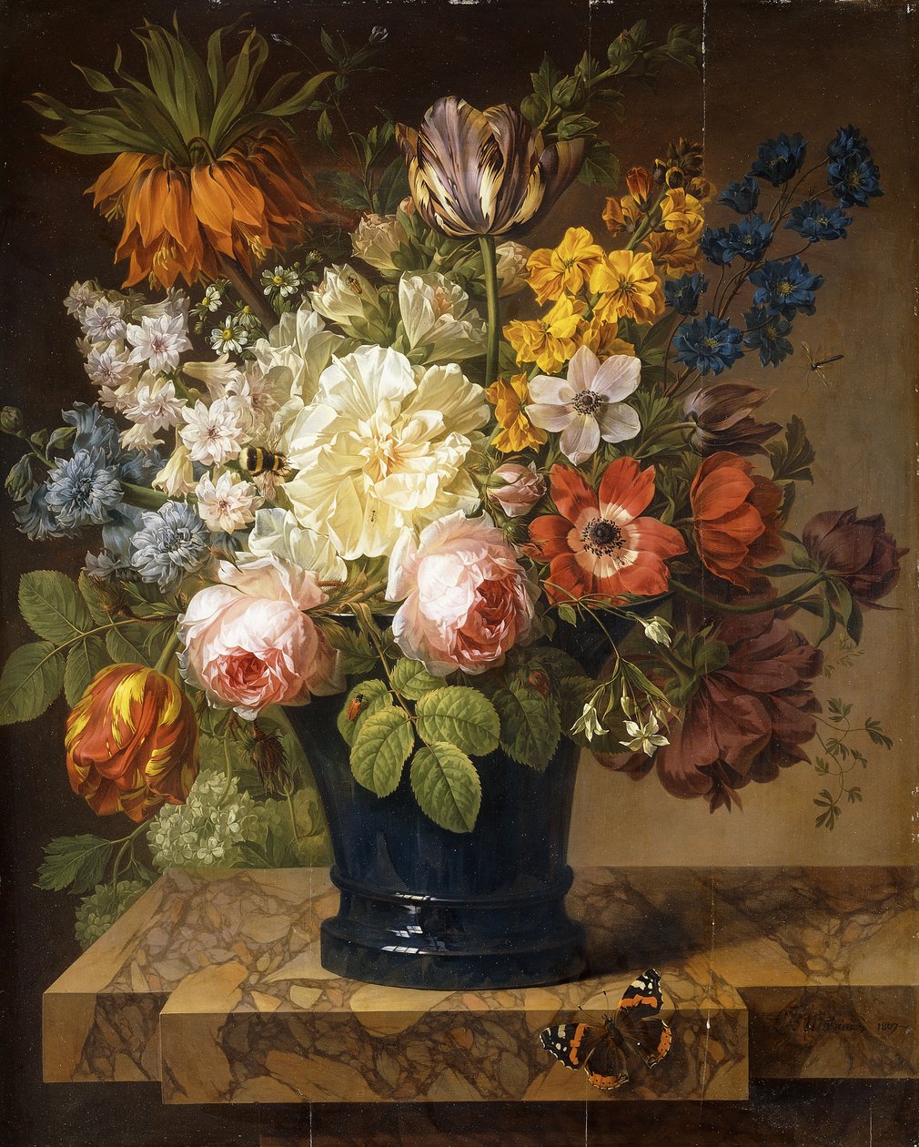 Flores em um vaso em uma borda de mármore com um almirante vermelho, uma abelha, dois besouros e uma libélula, 1807 de Joseph Laurent Malaine
